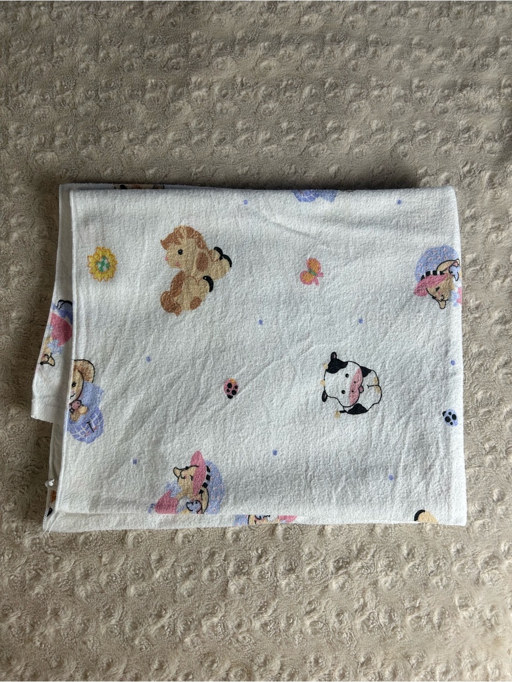 Vintage Fisher Price Baby Receiving Blanket Cow Horse Pony Flannel Ladybug White